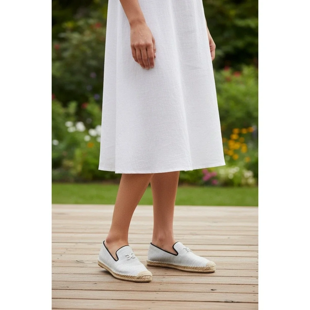 Sam Edelman Kathleen Espadrille Flats Women Light Grey White Fabric SE Logo 8.5M